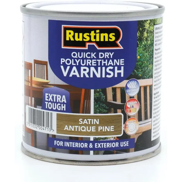 RUSTINS QUICK DRY POLYURETHANE VARNISH EXTRA TOUGH STAIN ANTIQUE PINE 250ML