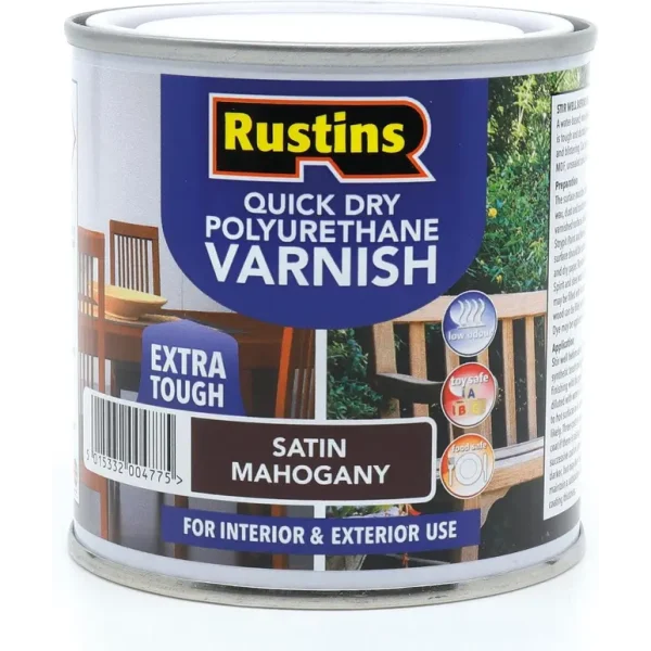 RUSTINS QUICK DRY POLYURETHANE VARNISH EXTRA TOUGH STAIN MAHOGANY 250ML