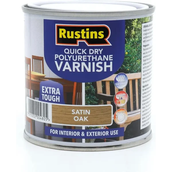 RUSTINS QUICK DRY POLYURETHANE VARNISH EXTRA TOUGH STAIN OAK 250ML