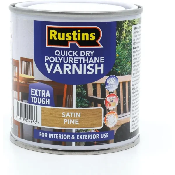 RUSTINS QUICK DRY POLYURETHANE VARNISH EXTRA TOUGH STAIN PINE 250ML