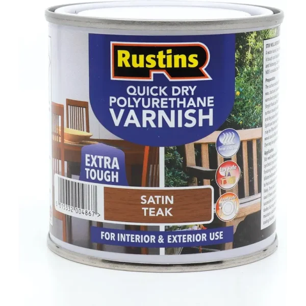 RUSTINS QUICK DRY POLYURETHANE VARNISH EXTRA TOUGH STAIN TEAK 250ML