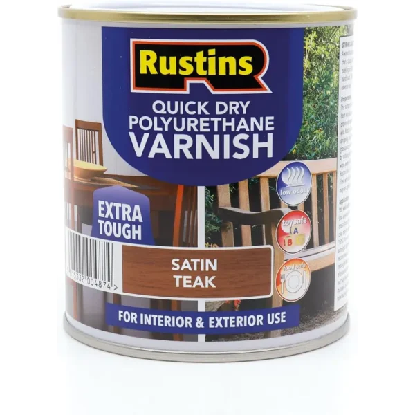 RUSTINS QUICK DRY POLYURETHANE VARNISH EXTRA TOUGH STAIN TEAK 500ML