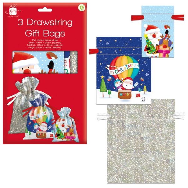 GIFTMAKER CHRISTMAS ASSORTED SIZES DRAWSTRING GIFT SACK PACK OF 3