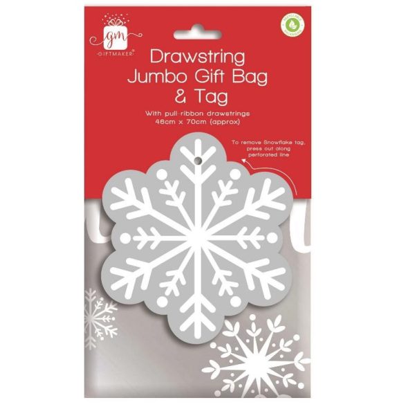 GIFTMAKER CHRISTMAS SNOWFLAKE DESIGN JUMBO DRAWSTRING GIFT SACK WITH TAG