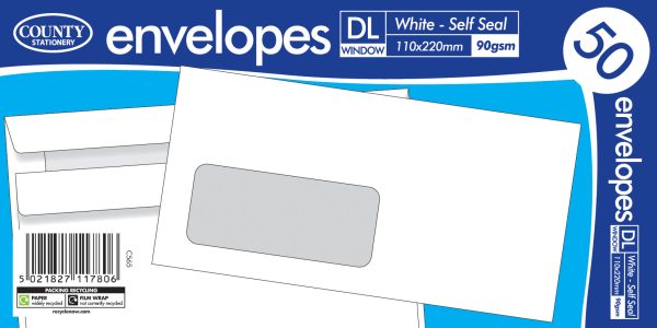 COUNTY DL WHITE WINDOW SELF SEAL ENVELOPES PACK OF 50