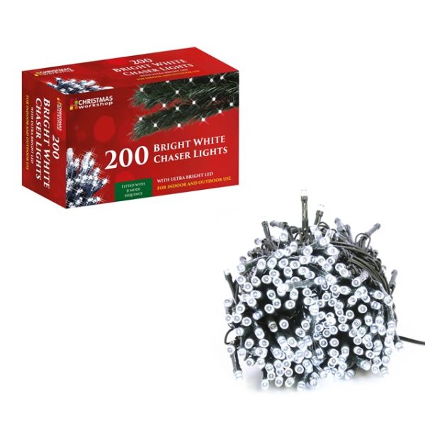 THE CHRISTMAS WORKSHOP 200 BRIGHT WHITE LED CHASER CHRISTMAS LIGHTS 13.9 M