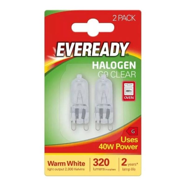 EVEREADY S819 G9 HALOGEN BULBS 40W WARM WHITE COOKER HOOD FILAMENT LAMP PACK OF 2