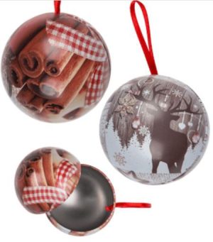 PACK OF 2 CHRISTMAS TIN BOX BALL SHAPE (CINNAMON REINDEER)