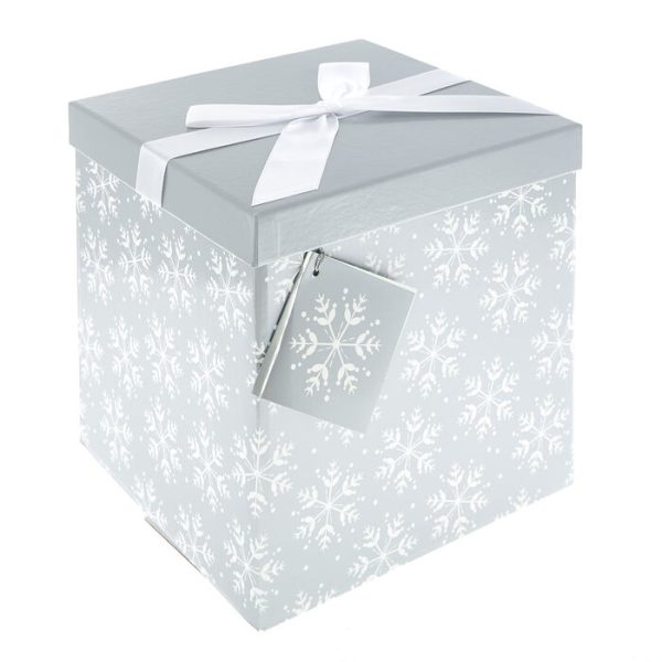 LARGE SQUARE FLAT PACK CHRISTMAS GIFT BOX SILVER & WHITE 25X25X25CM