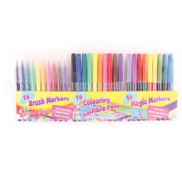 ARTBOX 30 PIECE CREATIVE COLOURING MARKER PEN SET - 10 EACH OF FIBRETIP/MAGIC/BRUSH PENS