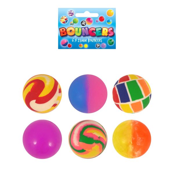 6 ASSORTED COLOURS AND DESIGNS BOUNCY BALLS / JET BALLS 2.5CM