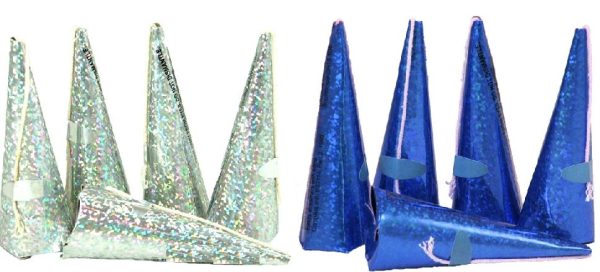 10 CONE PARTY POPPERS WITH FOIL STREAMERS BLUE SILVER