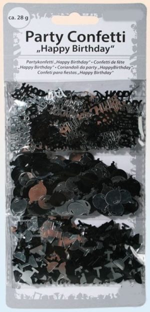 BLACK SILVER METALLIC CONFETTI HAPPY BIRTHDAY