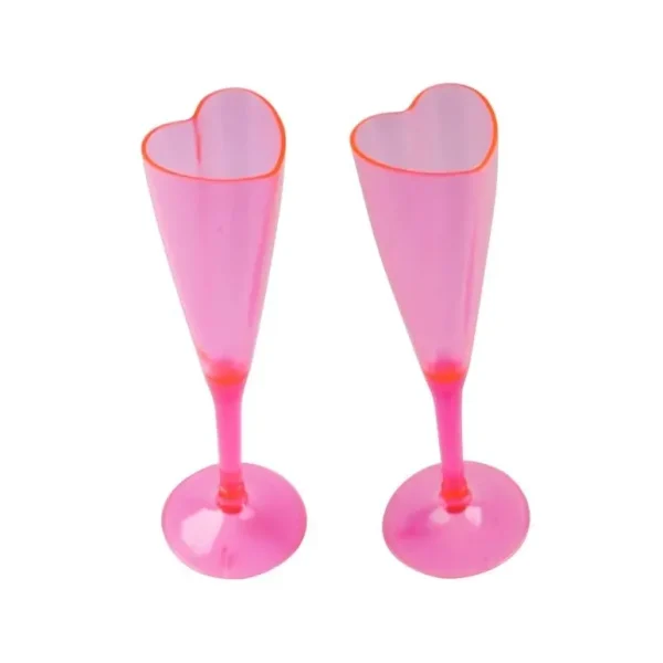 2 PINK PLASTIC CHAMPAGNE GLASS IN HEART SHAPE