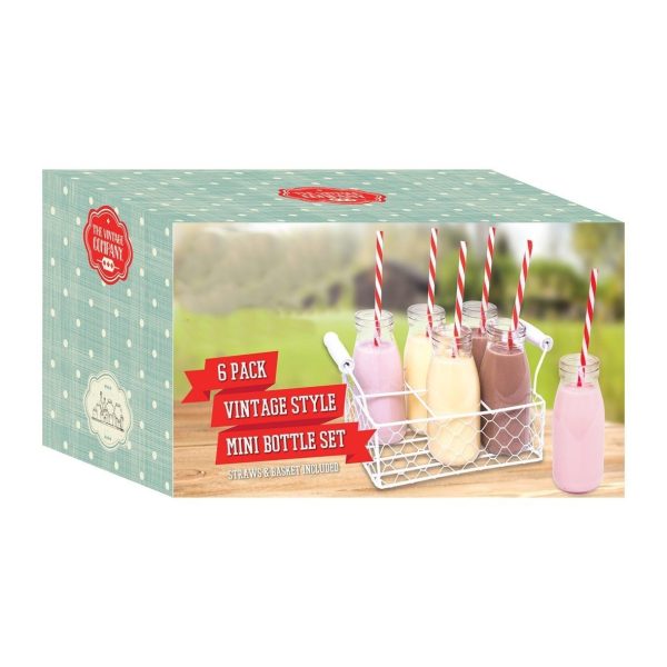 6 RETRO MILK BOTTLES IN BASKET WITH STRAWS