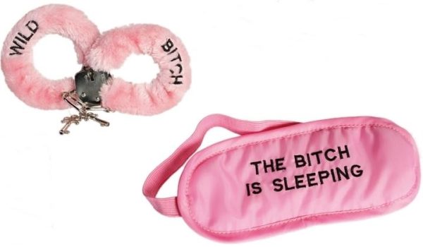 PLUSH HAND CUFFS EYE MASK PINK THE BITCH IS SLEEPING