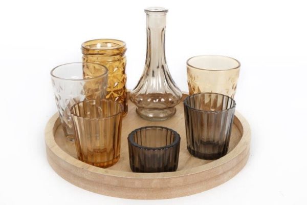 6 CANDLE HOLDER WITH VASE IN WOODEN TRAY