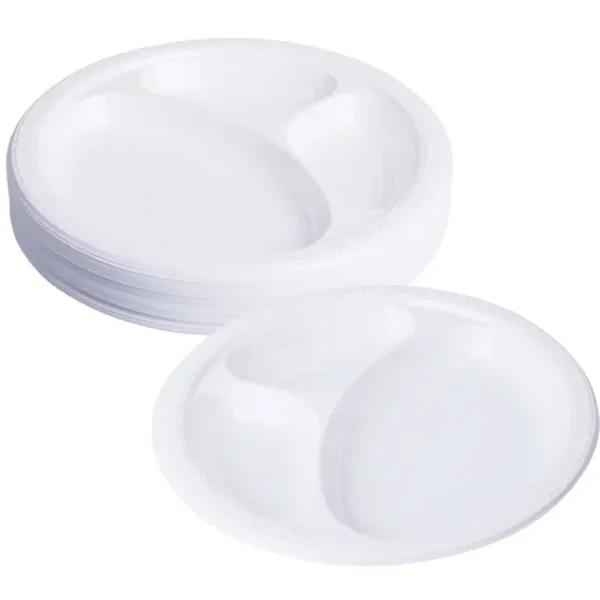 DELUXE 10.25'' 3 COMPARTMENT ROUND PLASTIC PLATES - 50PC