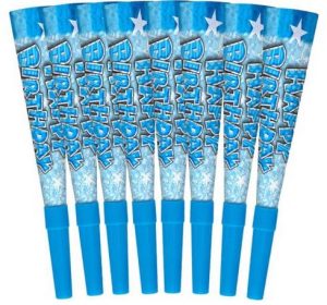Pack Of 8 HAPPY BIRTHDAY HORNS BLUE