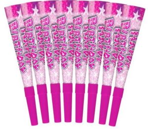Pack Of 8 HAPPY BIRTHDAY HORNS PINK