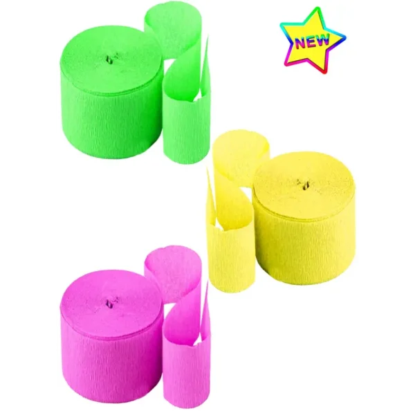 98FT 30M NEON GREEN PINK YELLOW CREPE PAPER STREAMER DECORATION ( 10M ( 32 FT ) EACH COLOUR )