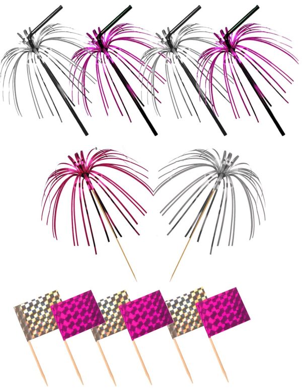 PINK SILVER 36 FOIL COCKTAIL PARTY PACK BENDY STRAW STICK SKEWERS PICKS AND SANDWICH FOOD FLAG