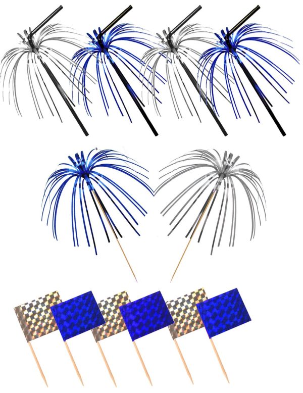 BLUE SILVER 36 FOIL COCKTAIL PARTY PACK BENDY STRAW STICK SKEWERS PICKS AND SANDWICH FOOD FLAG