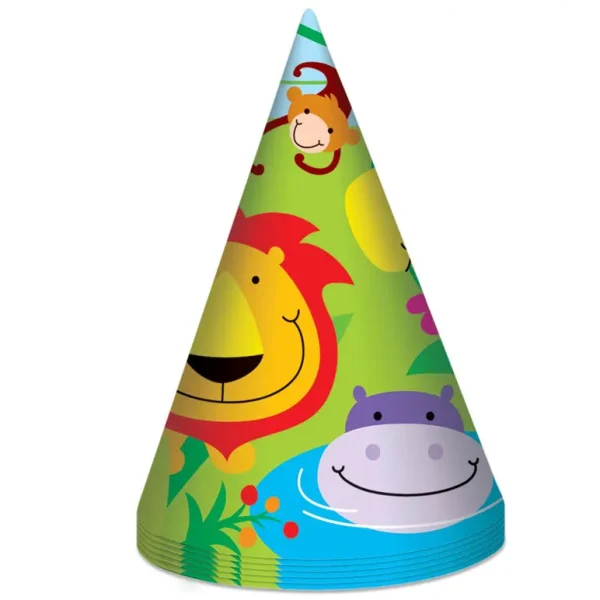 JUNGLE THEME 8 PARTY HATS GIRLS KIDS CHILDRENS BIRTHDAY ZOO ANIMAL