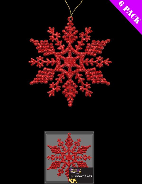 6 RED GLITTER CHRISTMAS SNOWFLAKE HANGING PARTY HOME WINDOW TREE DECORATIONS