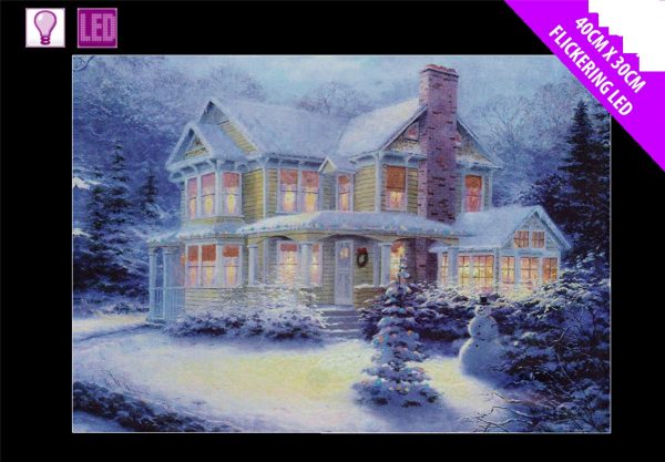 FESTIVE LED CANVAS PICTURE FAMILY HOUSE WITH SNOWMAN CHRISTMAS TREE SCENE 40CM X 30CM