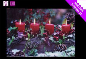FESTIVE LIGHT UP LED CANVAS PICTURE CANDLE BERRY PINE SCENE 40CM X 30CM WALL ART DECORATION
