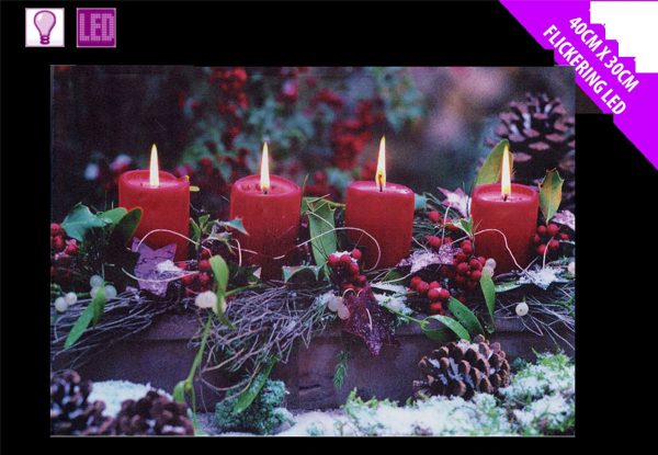 FESTIVE LIGHT UP LED CANVAS PICTURE CANDLE BERRY PINE SCENE 40CM X 30CM WALL ART DECORATION