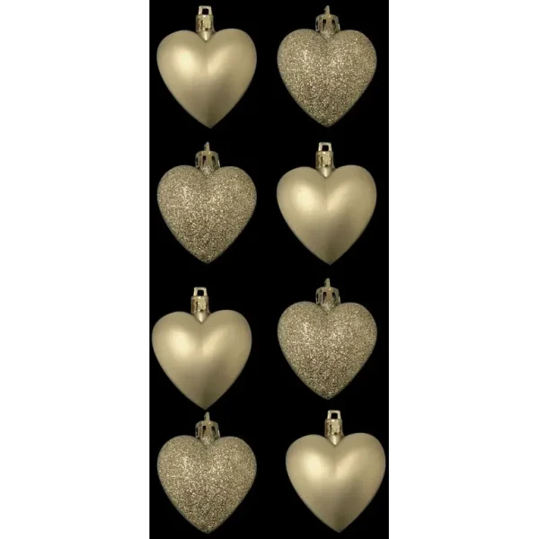 8 LOVE HEART GOLD GLITTER / MATT SHAPED BAUBLE DECORATION ORNAMENT 54036