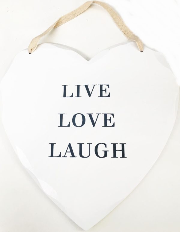 LIVE LOVE LAUGH WHITE HANGING HEART PRINTED QUOTE PLAQUE