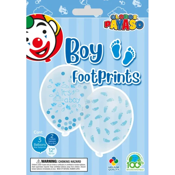 GLOBOS PAYASO BOY FOOTPRINTS BABY SHOWER PARTY BLUE BALLOONS PACK OF 5