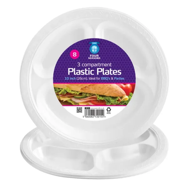 FOUR SEASONS 3 COMPARTMENT PLASTIC PLATES 10 PACK OF 8