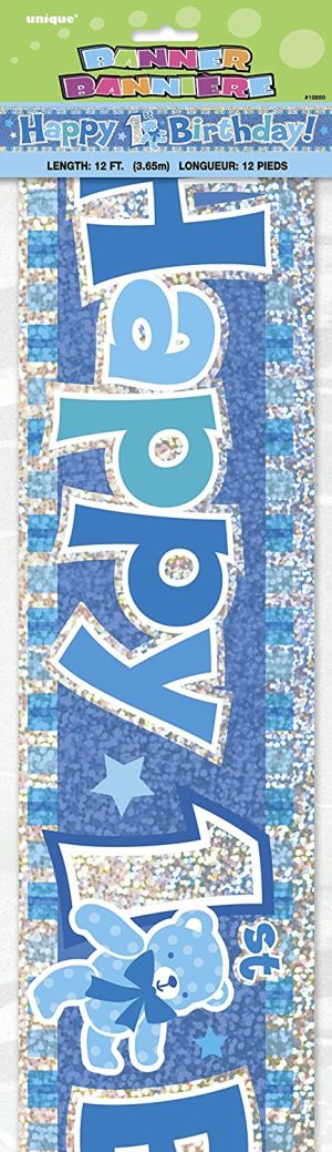 UNIQUE PARTY 1ST BIRTHDAY HOLOGRAPHIC FOIL PARTY BANNER 12FT - BLUE