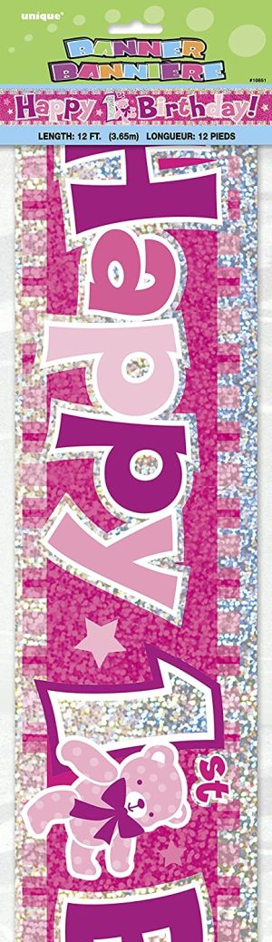 UNIQUE PARTY 1ST BIRTHDAY HOLOGRAPHIC FOIL PARTY BANNER 12FT - PINK