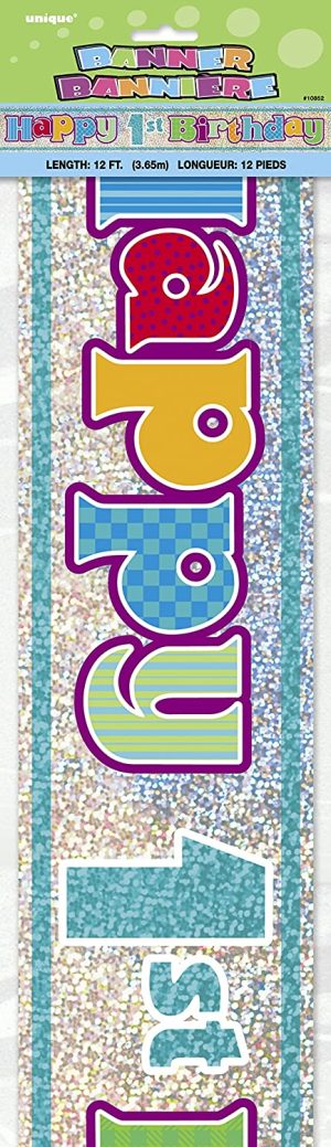 UNIQUE PARTY 1ST BIRTHDAY HOLOGRAPHIC FOIL PARTY BANNER 12FT - MULTICOLOUR