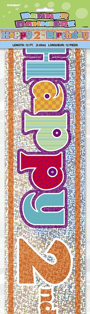 UNIQUE PARTY 2ND BIRTHDAY HOLOGRAPHIC FOIL PARTY BANNER 12FT - MULTICOLOUR