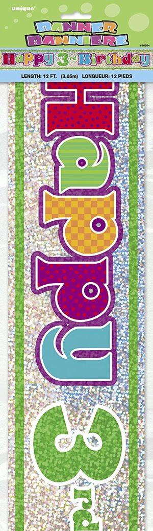 UNIQUE PARTY 3RD BIRTHDAY HOLOGRAPHIC FOIL PARTY BANNER 12FT - MULTICOLOUR
