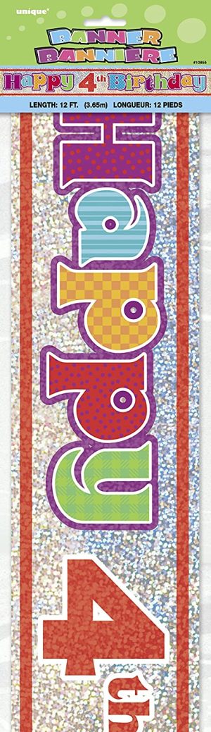 UNIQUE PARTY 4TH BIRTHDAY HOLOGRAPHIC FOIL PARTY BANNER 12FT - MULTICOLOUR