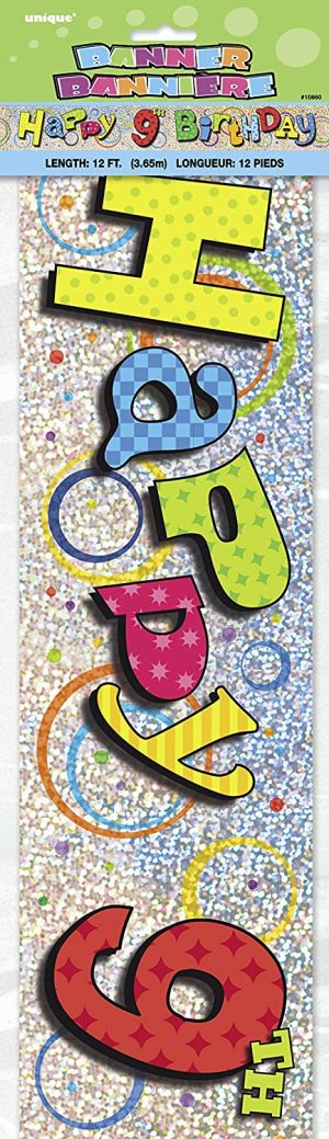 UNIQUE PARTY 9TH BIRTHDAY HOLOGRAPHIC FOIL PARTY BANNER 12FT - MULTICOLOUR