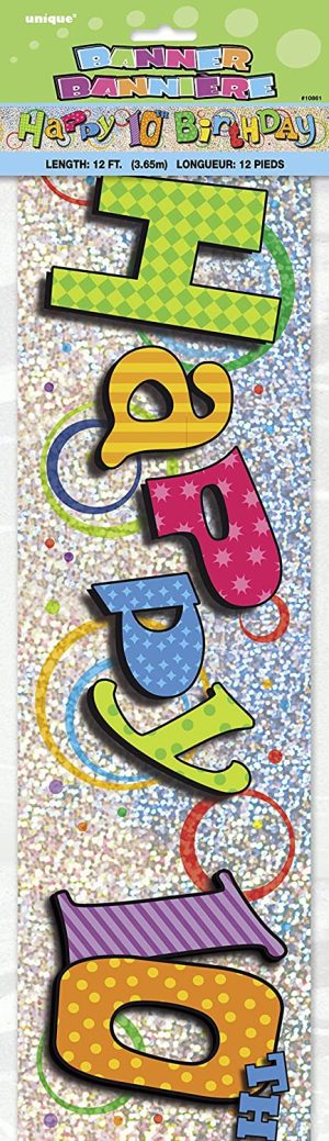 UNIQUE PARTY 10TH BIRTHDAY HOLOGRAPHIC FOIL PARTY BANNER 12FT - MULTICOLOUR