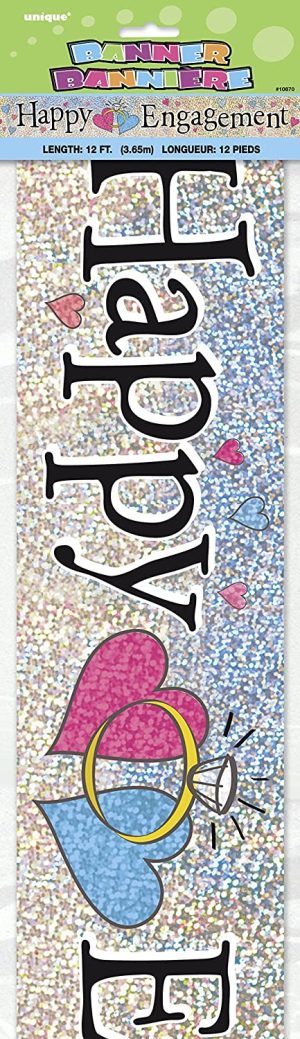UNIQUE PARTY HAPPY ENGAGEMENT HEARTS & RING HOLOGRAPHIC FOIL PARTY BANNER 12FT - MULTICOLOUR