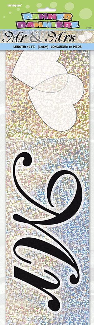 UNIQUE PARTY MR & MRS WHITE HEART HOLOGRAPHIC FOIL PARTY BANNER 12FT -