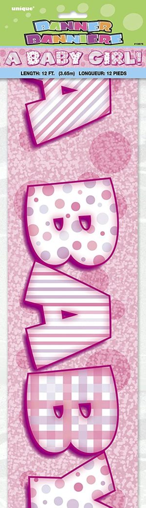 UNIQUE PARTY SHOWER A BABY GIRL HOLOGRAPHIC FOIL PARTY BANNER 12FT - PINK