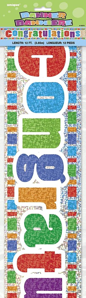 UNIQUE PARTY CONGRATULATIONS HOLOGRAPHIC FOIL PARTY BANNER 12FT - MULTICOLOUR
