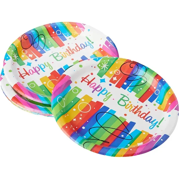 UNIQUE PARTY HAPPY BIRTHDAY PARTY PLATES 21.9CM 8/PK - RAINBOW RIBBONS