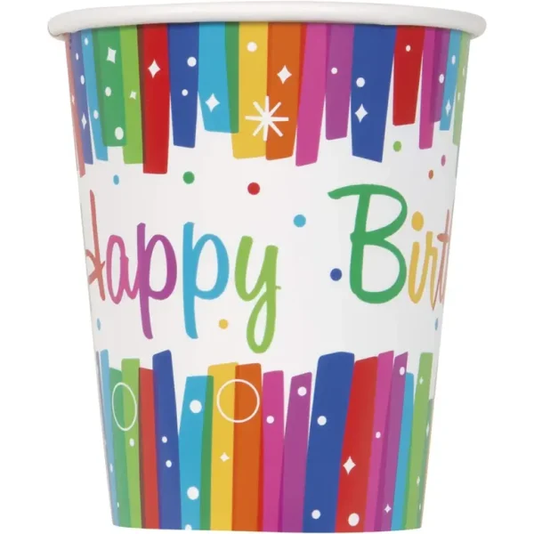 UNIQUE PARTY HAPPY BIRTHDAY PARTY CUPS 9OZ PACK OF 8 - RAINBOW RIBBONS